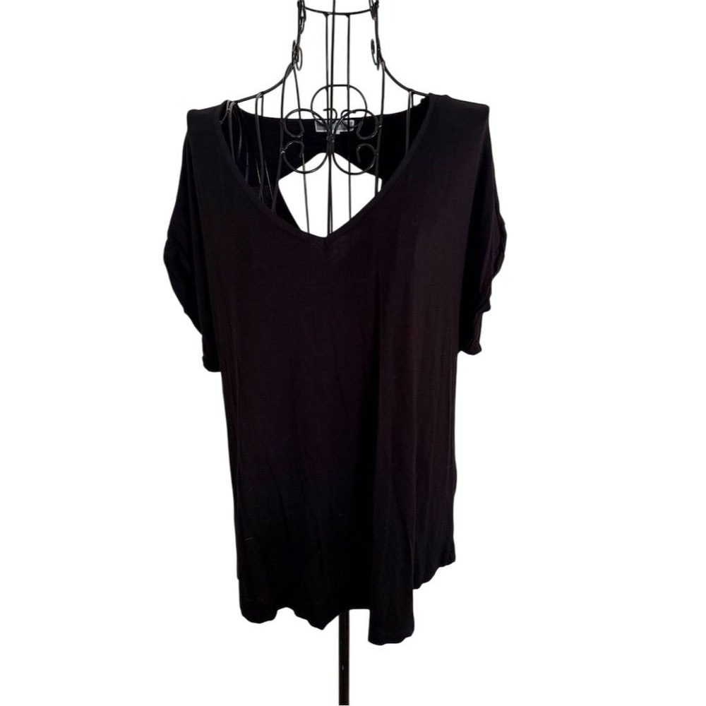 Pleoine Women's Black open back V-Neck Short Sleeve‎ Top S Casual vintage soft